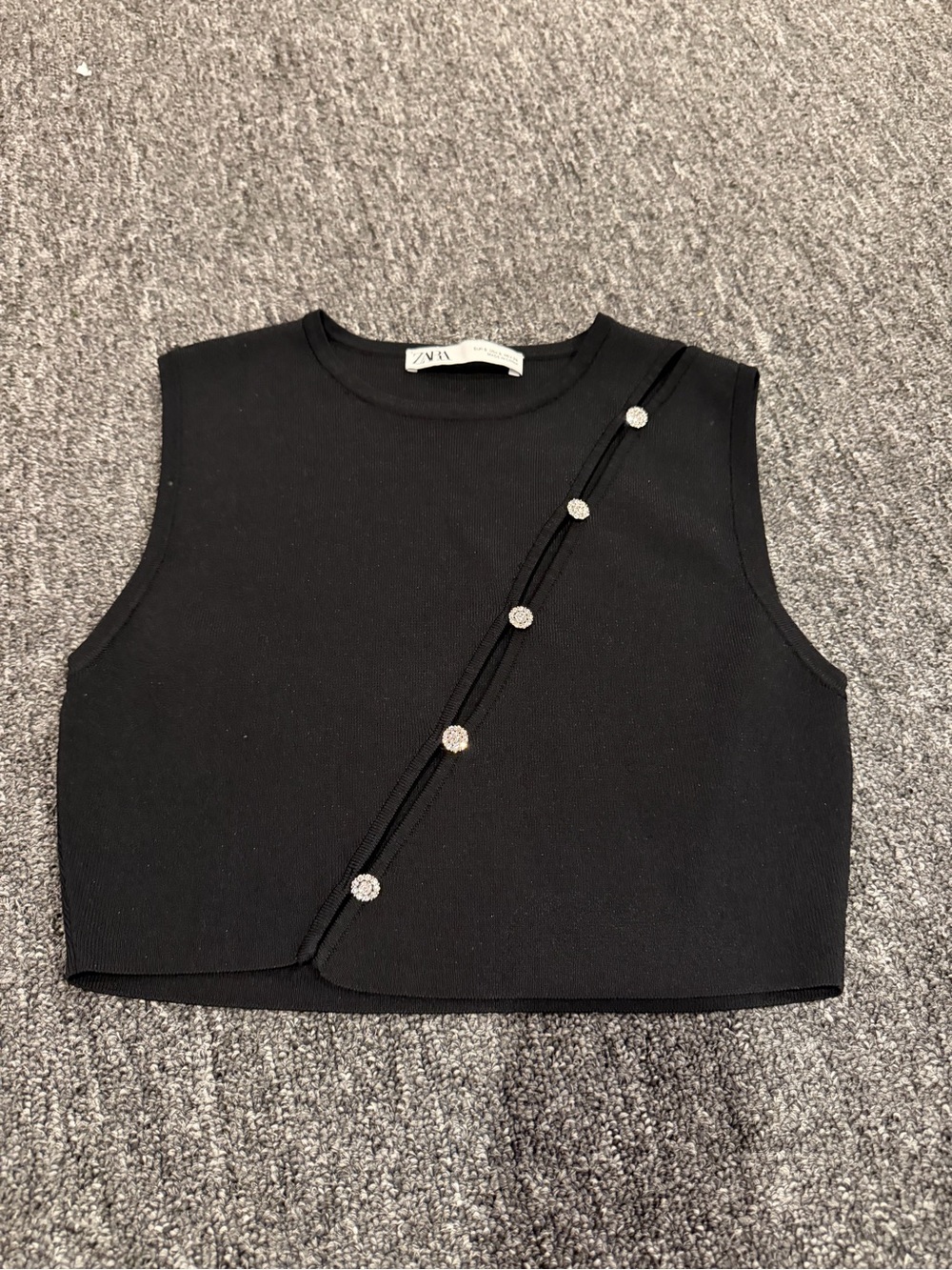 Zara Black Knit Rhinestone Button Sleeveless Top Size Small